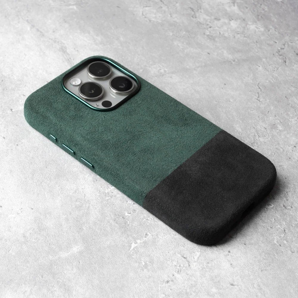 alcantara elegance premium iphone case luxurious texture dual green black alcantara iphone case angled view