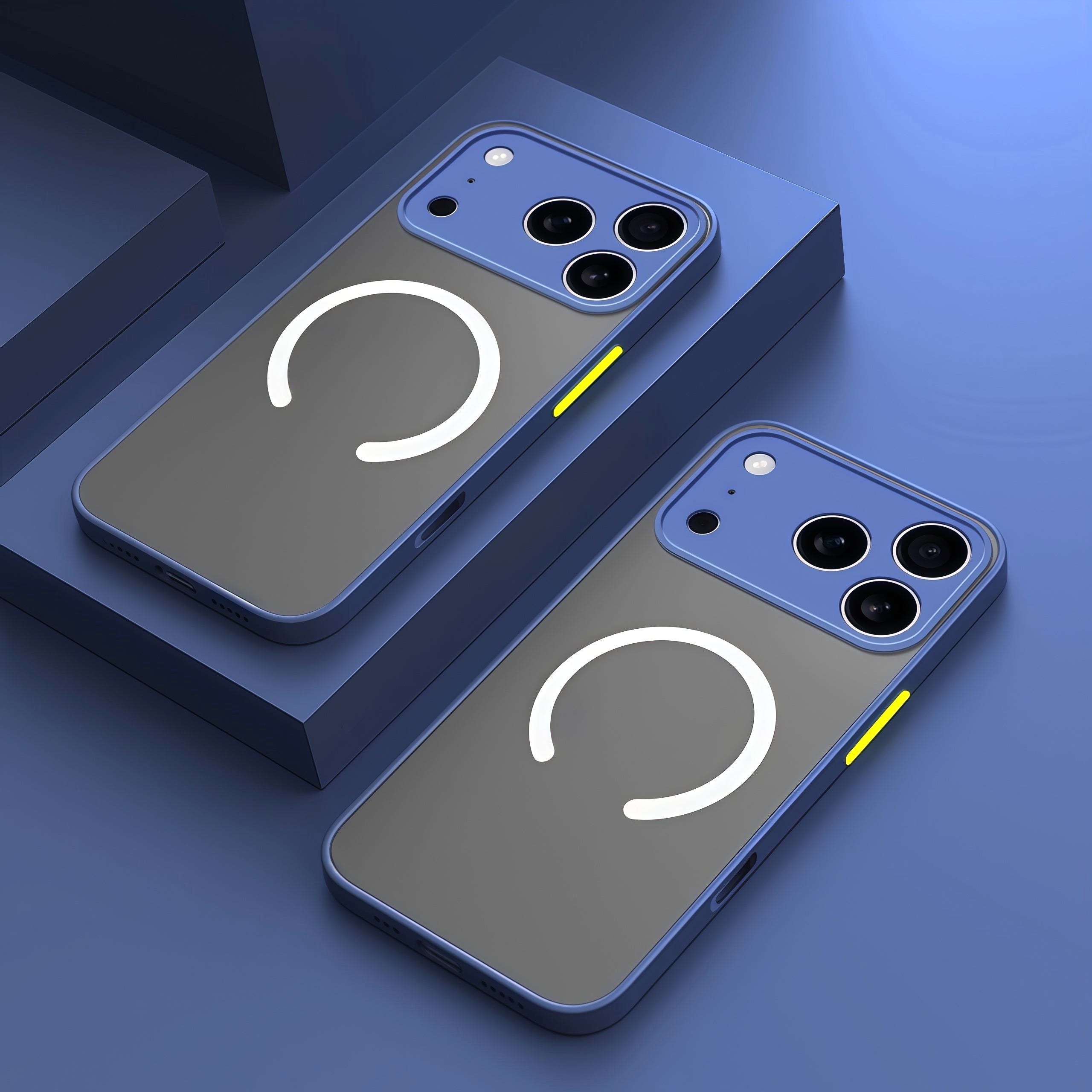 Aurora Shield Shockproof Matte iPhone Case MagSafe Compatibility two blue cases magsafe ring yellow buttons