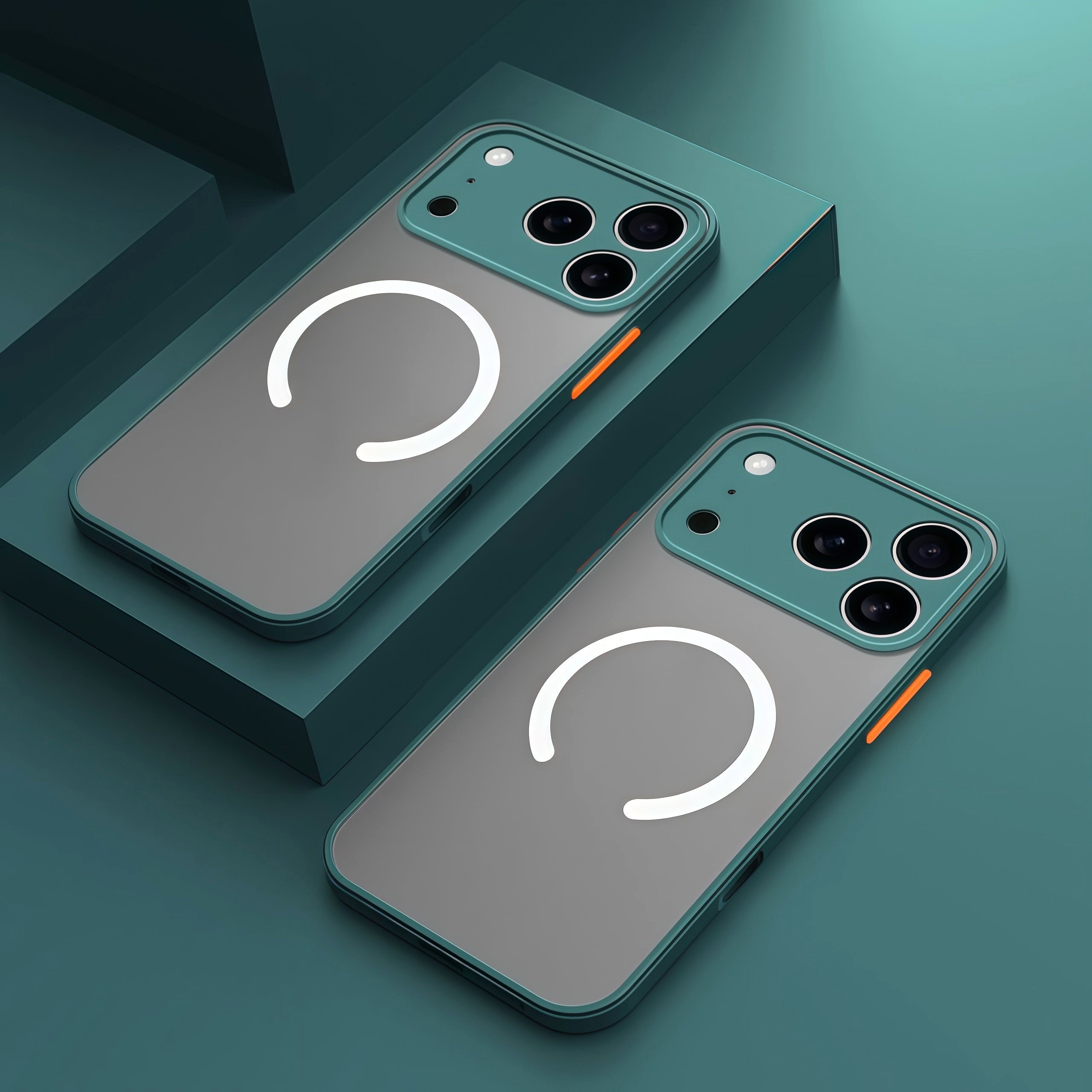 Aurora Shield Shockproof Matte iPhone Case MagSafe Compatibility two dark green cases magsafe ring orange buttons