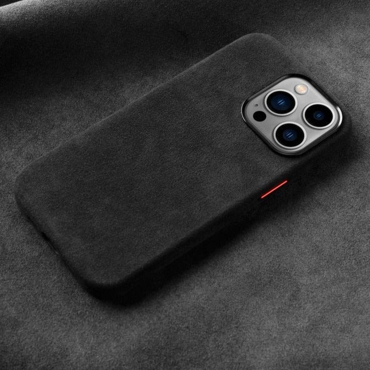 Alcantara Elegance Premium iPhone Case black back view red accent side button cutout