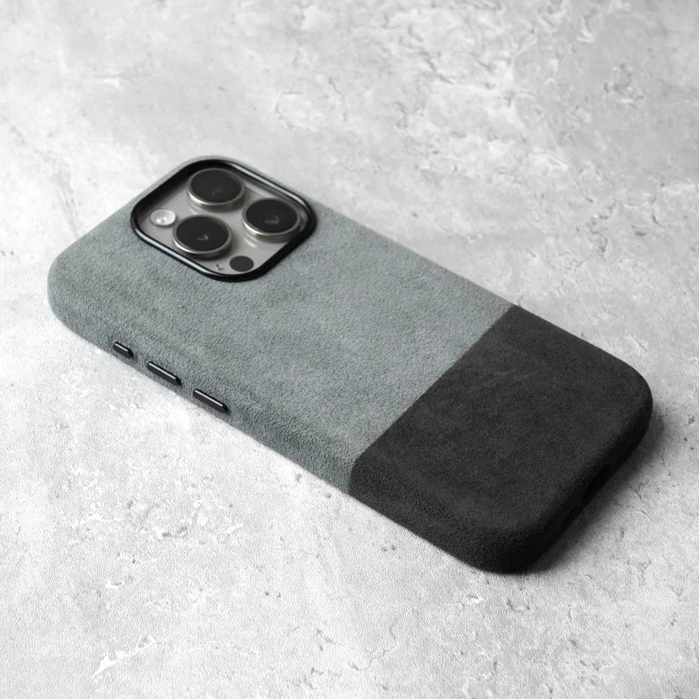 Alcantara Elegance Premium iPhone Case dual light gray back side view textured surface