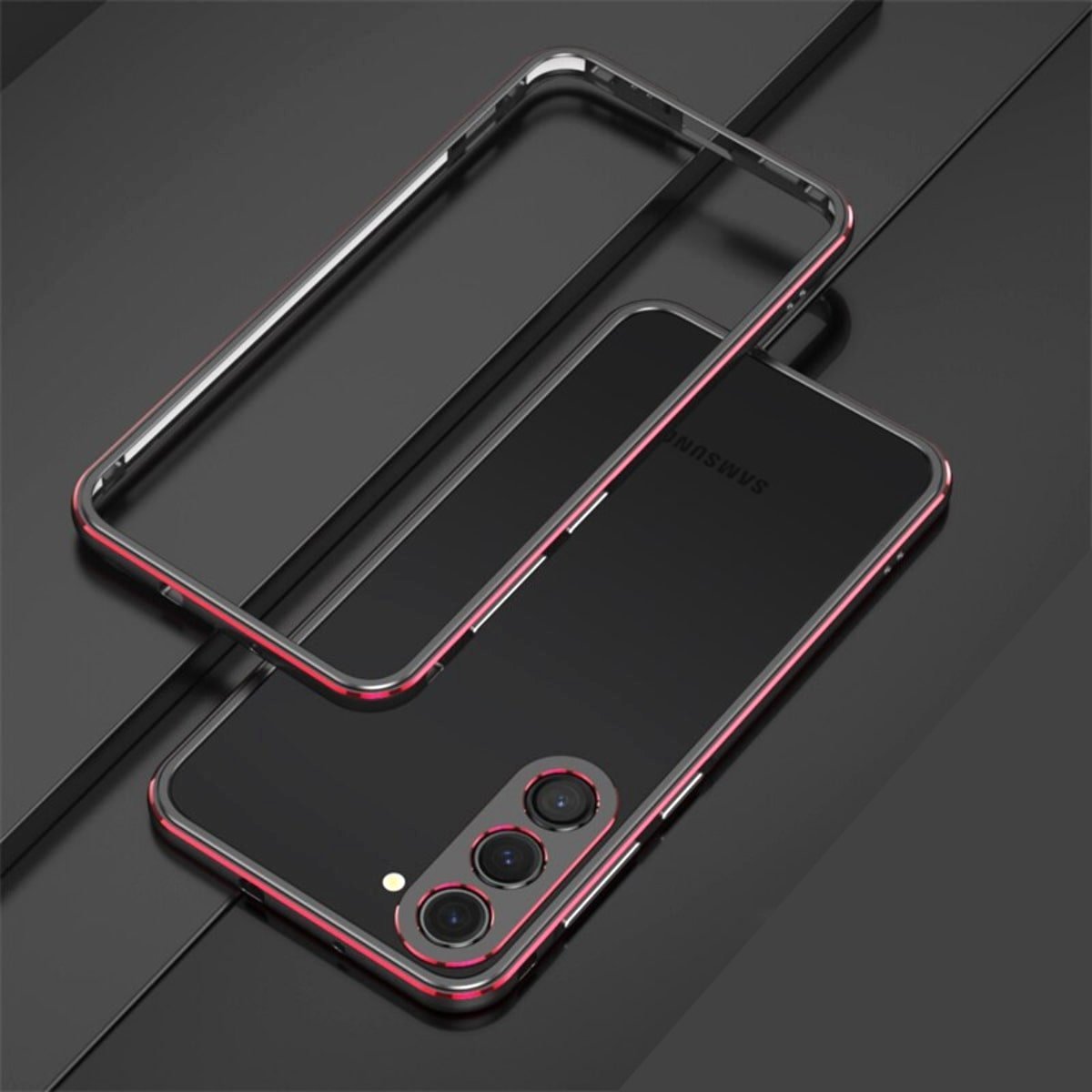 Aurum Shield Aluminum Metal Bumper Case Luxe Finish Samsung S25 black red bumper case on phone dark surface