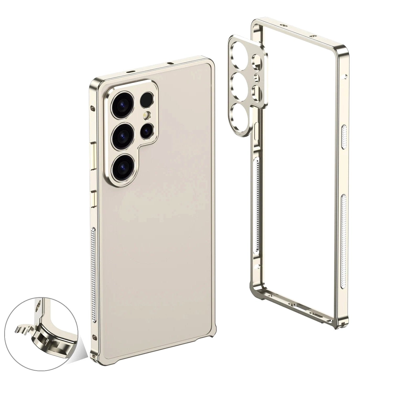 Aurum Shield Aluminum Metal Bumper Case Luxe Finish Samsung S25 Ultra silver vent exploded view clasp detail