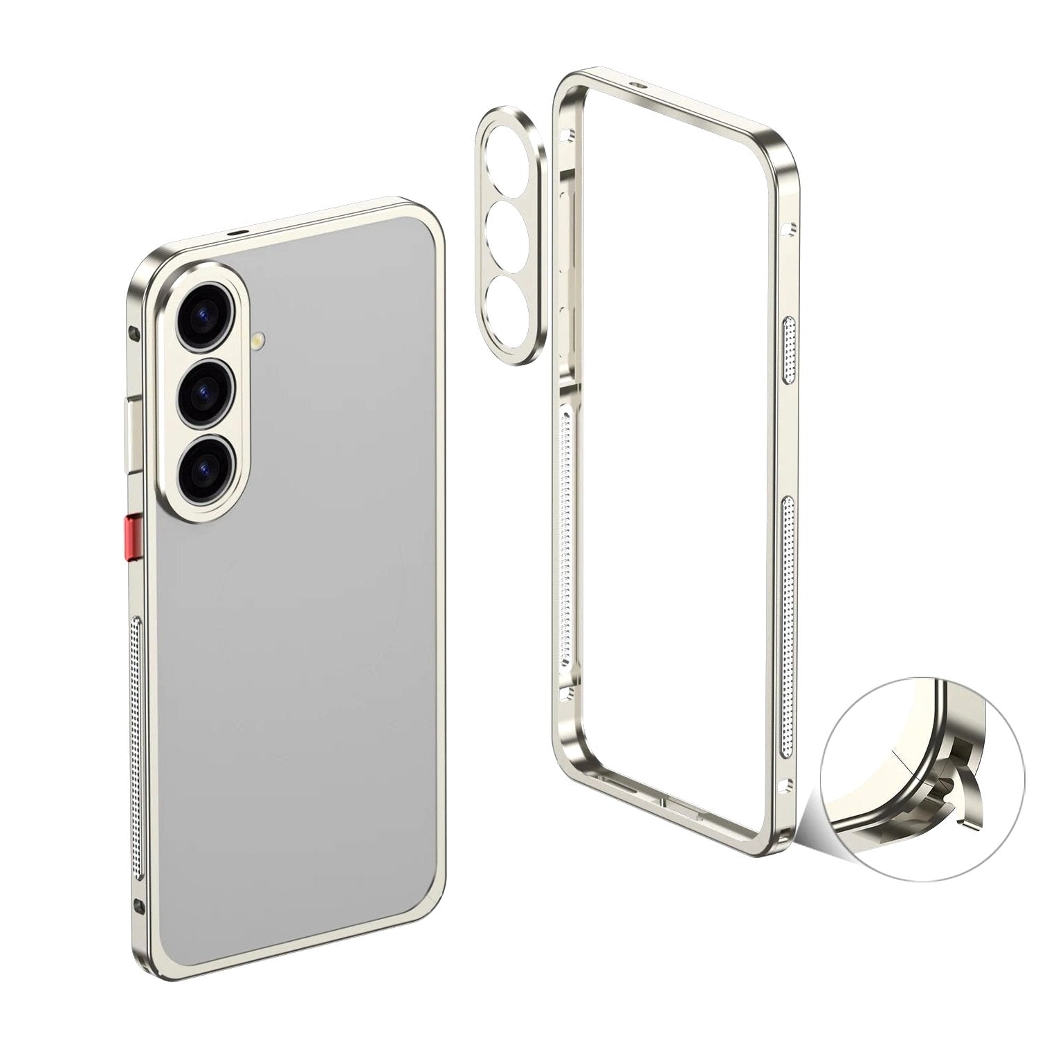 Aurum Shield Aluminum Metal Bumper Case Luxe Finish Samsung silver bumper case disassembled showing frame camera cutouts and assembled case