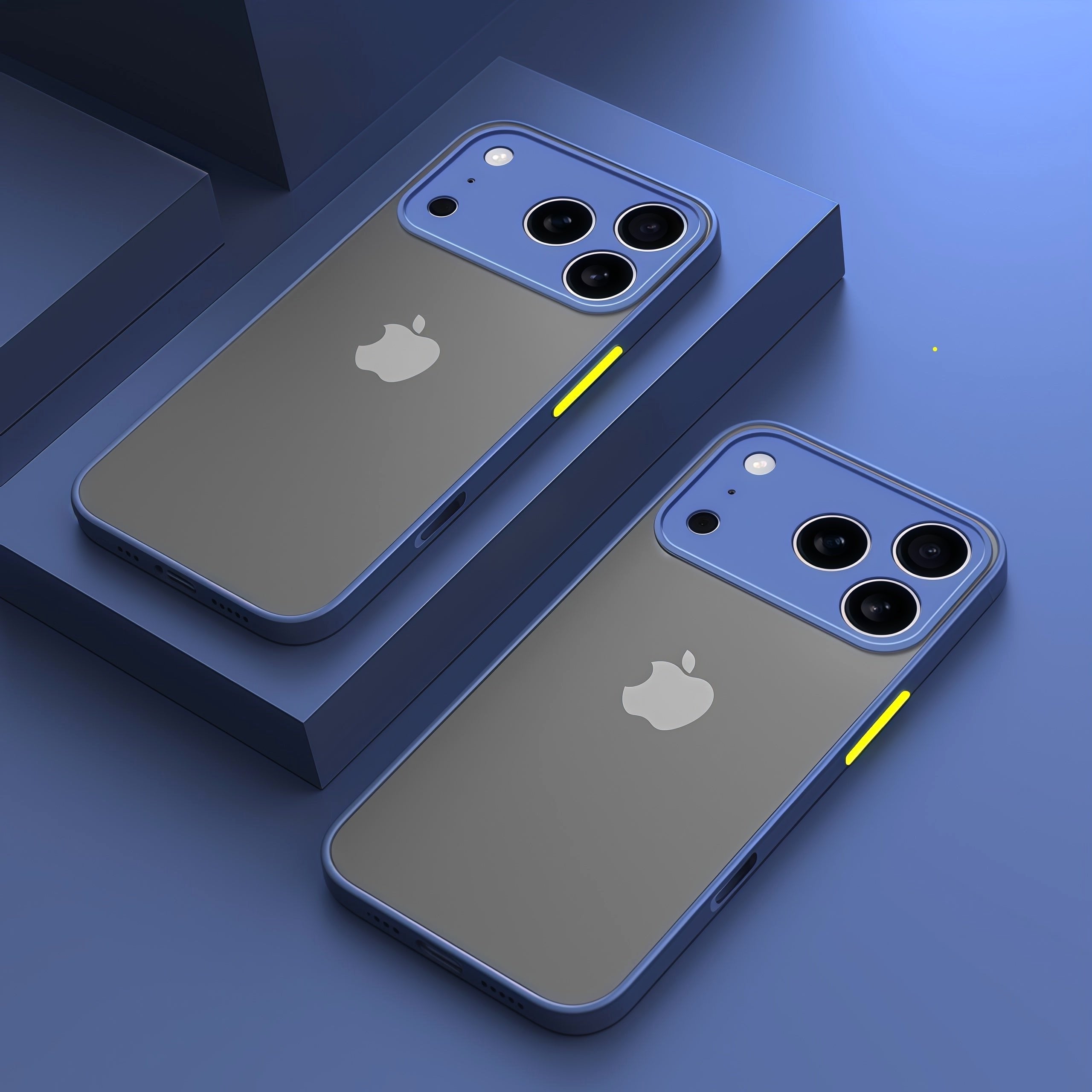 Elysian Shield Shockproof Matte iPhone Case Sleek Finish two blue cases translucent gray back yellow buttons blue blocks