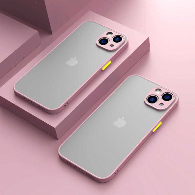 Elysian Shield Shockproof Matte iPhone Case Sleek Finish two pink cases translucent gray back yellow buttons pink blocks