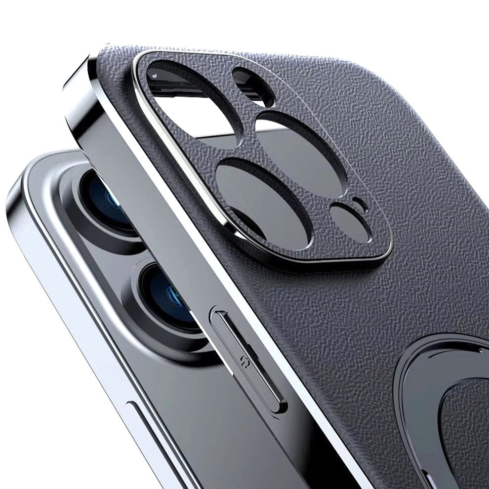 Luxe Aura MagSafe Leather iPhone Case Vacuum Plated Sides close up black case vacuum plated sides camera action button