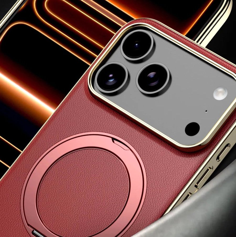 Luxe Aura Magsafe Leather Iphone Case Vacuum Plated Sides close up red leather case gold vacuum plated sides magsafe ring