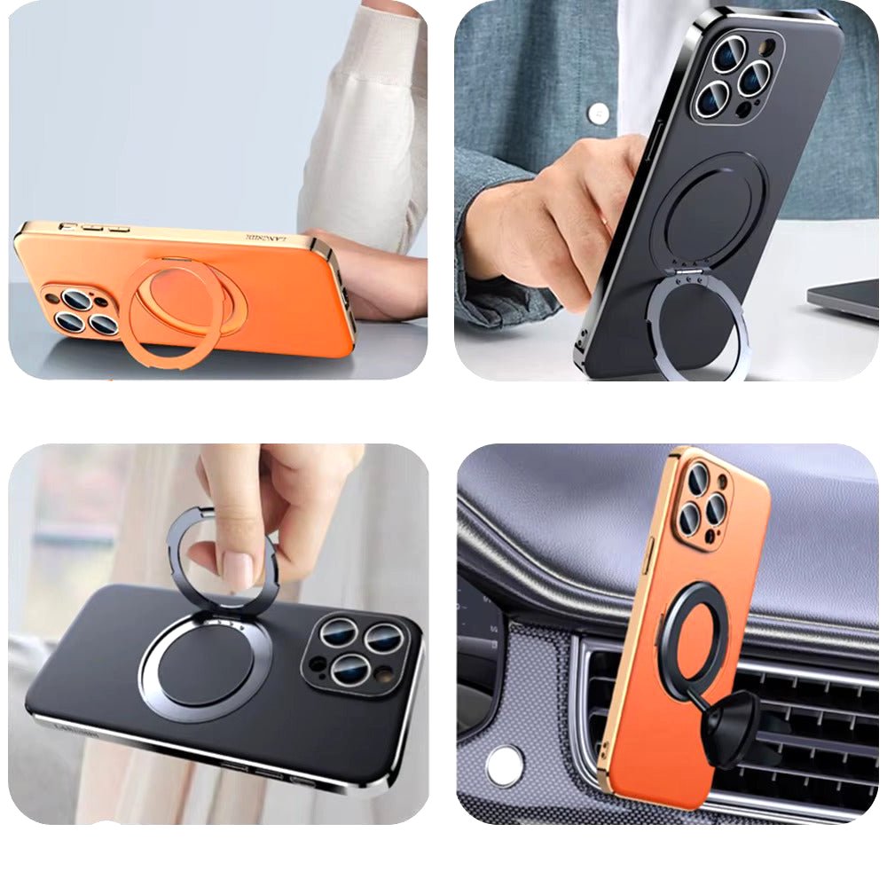 Luxe Aura MagSafe Leather iPhone Case Vacuum Plated Sides collage four images case kickstand car mount hand held