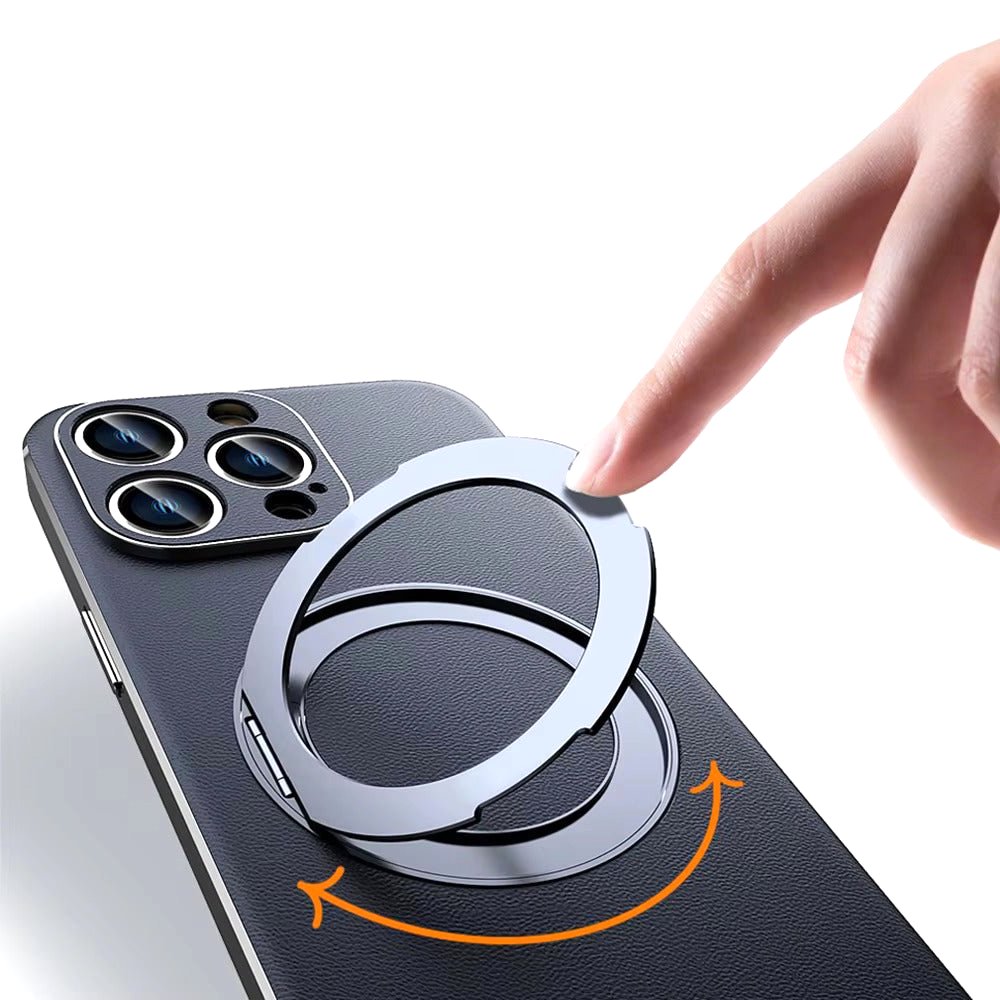 Luxe Aura MagSafe Leather iPhone Case Vacuum Plated Sides hand rotating silver kickstand ring black case