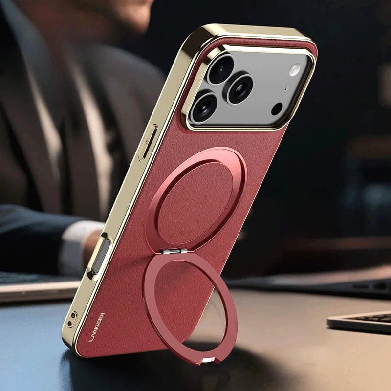 Luxe Aura Magsafe Leather Iphone Case Vacuum Plated Sides red leather case gold sides magsafe ring stand