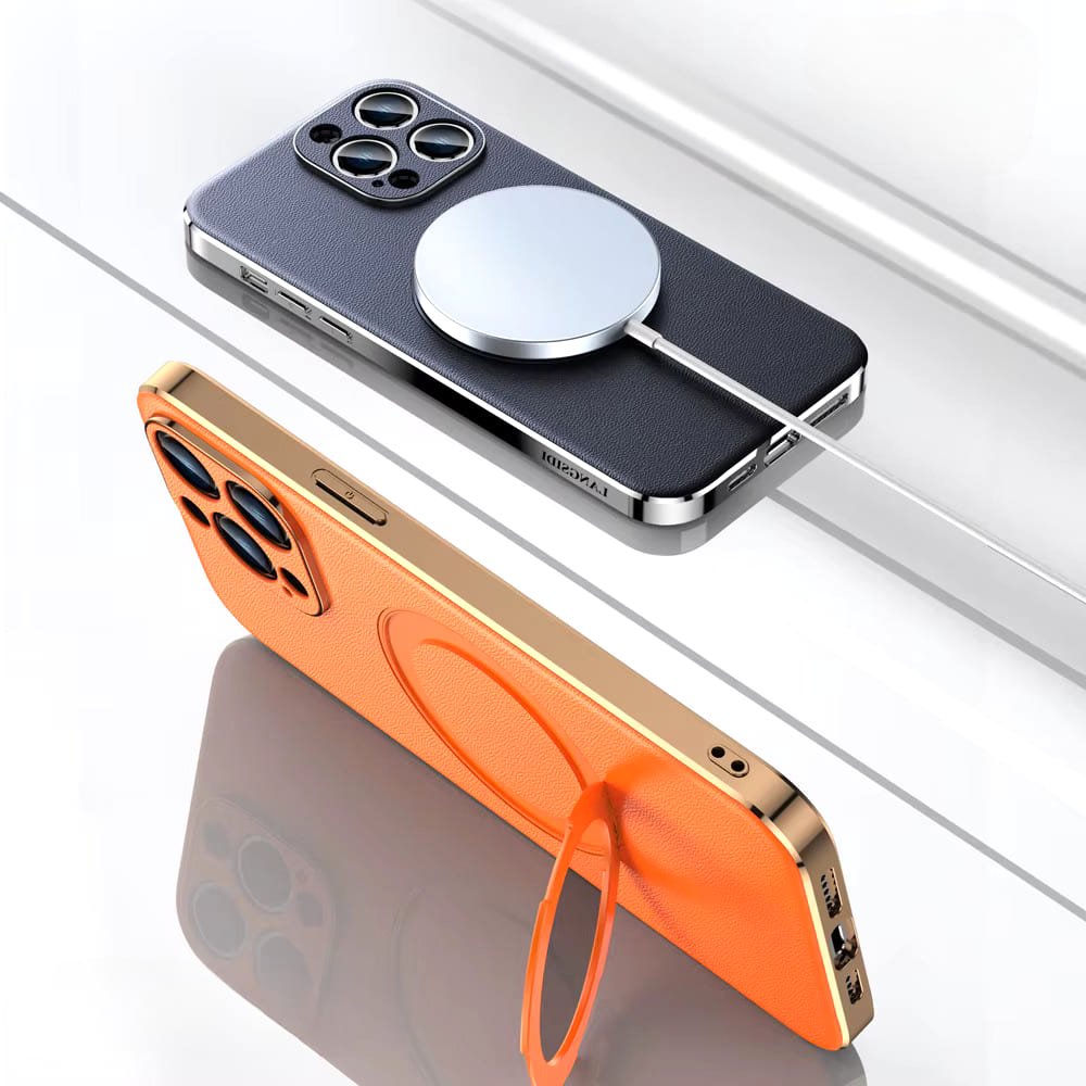 Luxe Aura MagSafe Leather iPhone Case Vacuum Plated Sides two cases black MagSafe charger orange kickstand ring