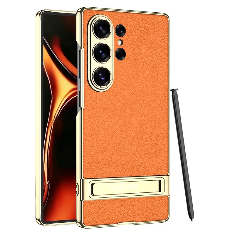 Luxe Shield Slim Hard Samsung Case Kickstand orange textured case gold trim kickstand s pen