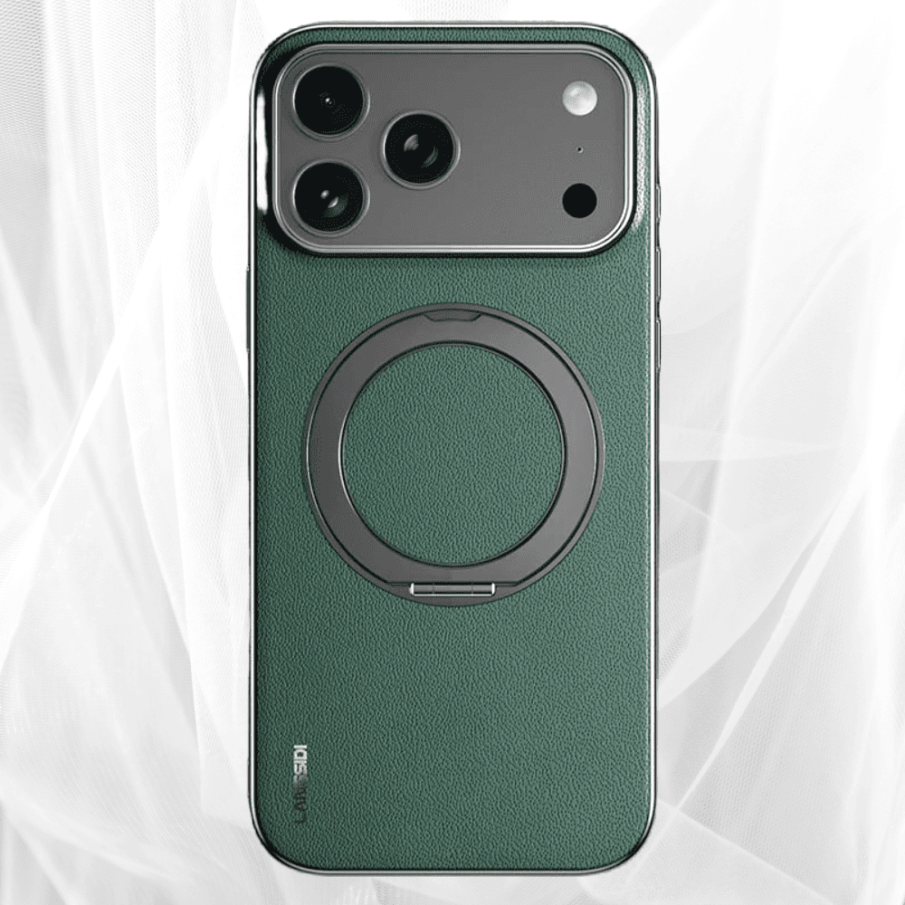 Luxe Aura MagSafe Leather iPhone Case Vacuum Plated Sides green case magsafe ring camera cutout