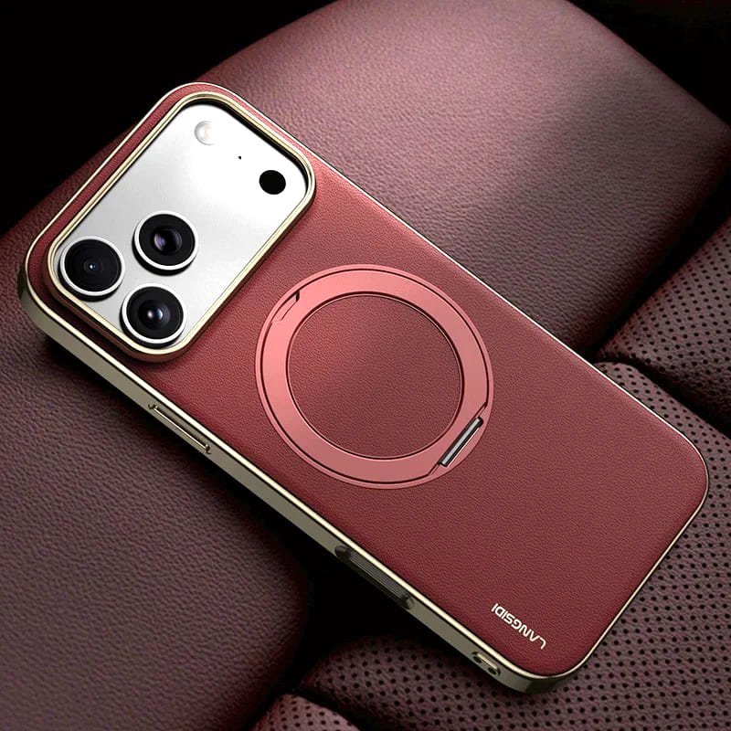 Luxe Aura MagSafe Leather iPhone Case Vacuum Plated Sides red case magsafe ring angled view
