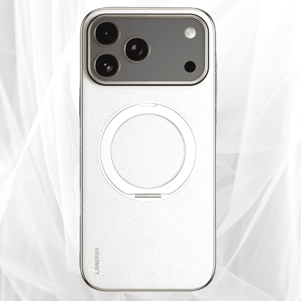 Luxe Aura MagSafe Leather iPhone Case Vacuum Plated Sides white case magsafe ring camera cutout