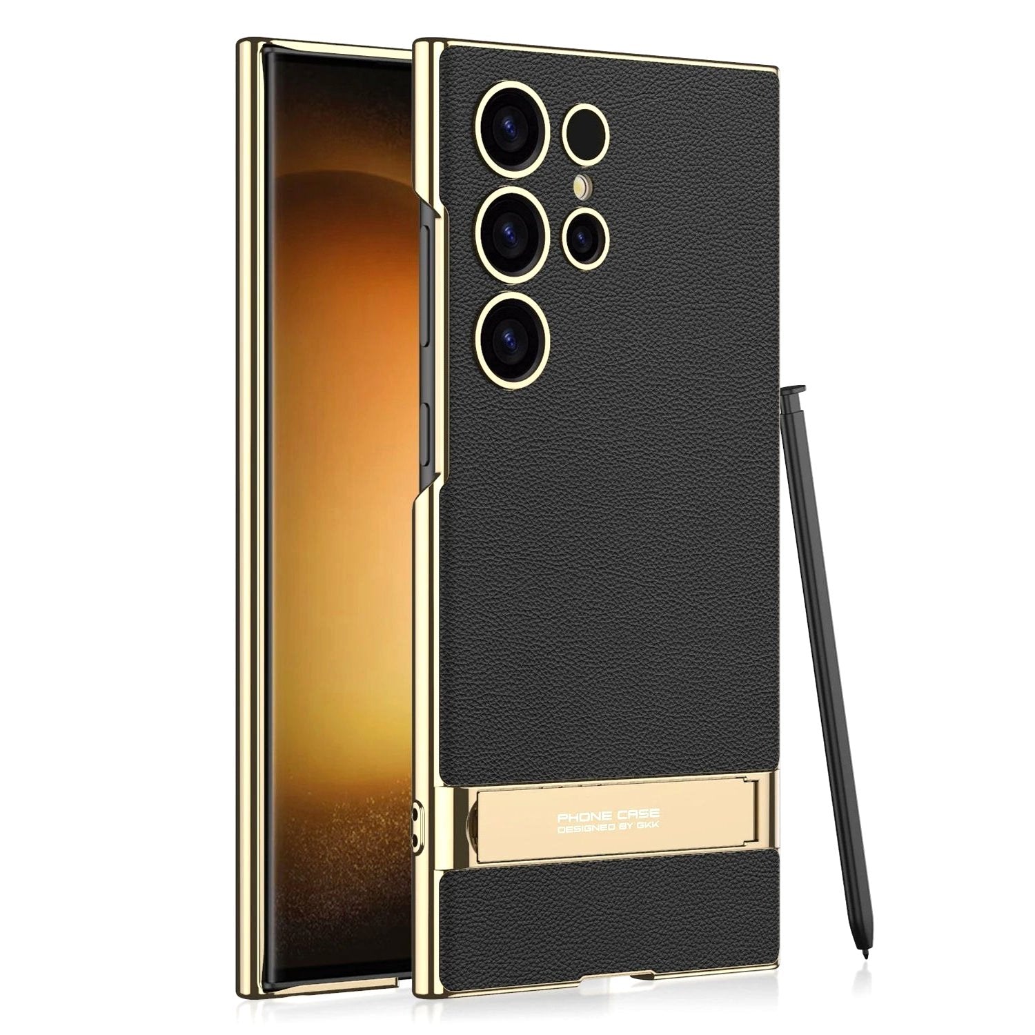 Luxe Shield Slim Hard Samsung Case Kickstand black textured case gold frame kickstand stylus