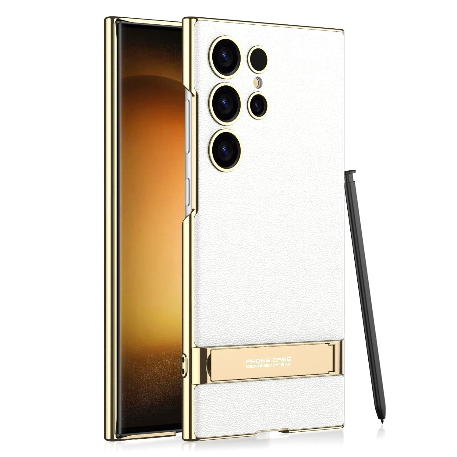 Luxe Shield Slim Hard Samsung Case Kickstand white textured case gold frame kickstand stylus