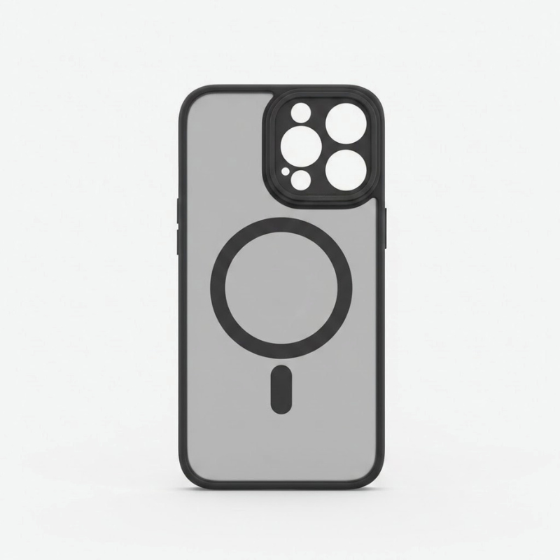 Matte MagSafe iPhone 17 Case with Camera Guard and Wireless Charging on a light gray background