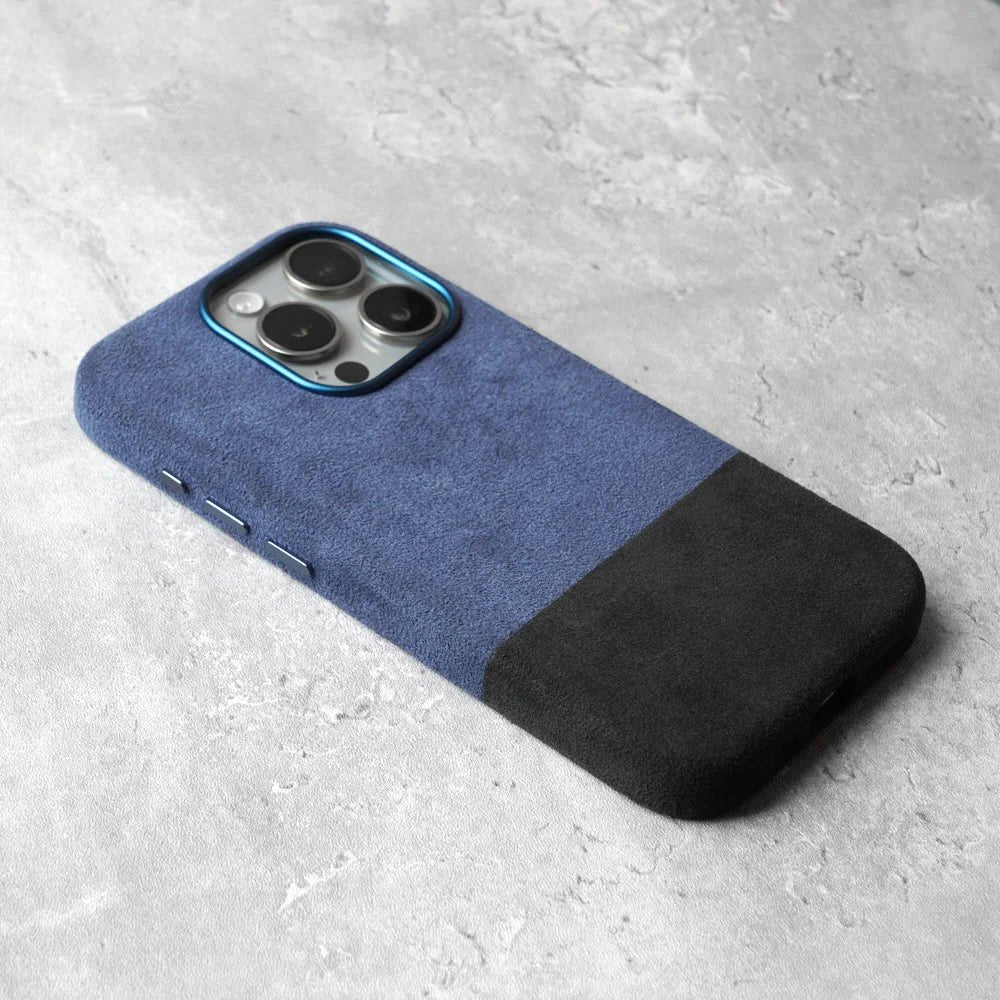 ALCANTARA ELEGANCE PREMIUM IPHONE CASE LUXURIOUS TEXTURE iphone 15 pro max dual blue black case phone inside