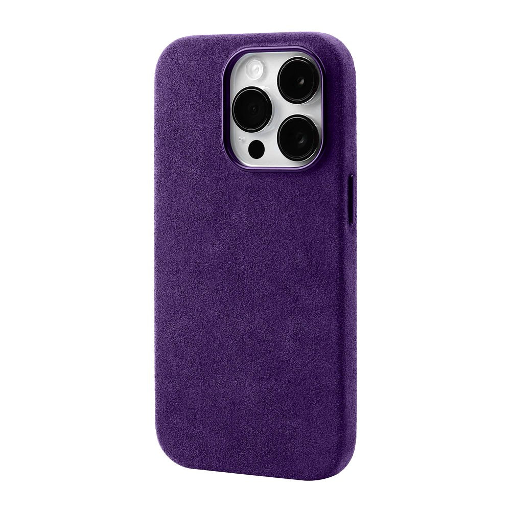 alcantara elegance premium iphone case luxurious texture violet alcantara iphone case angled view