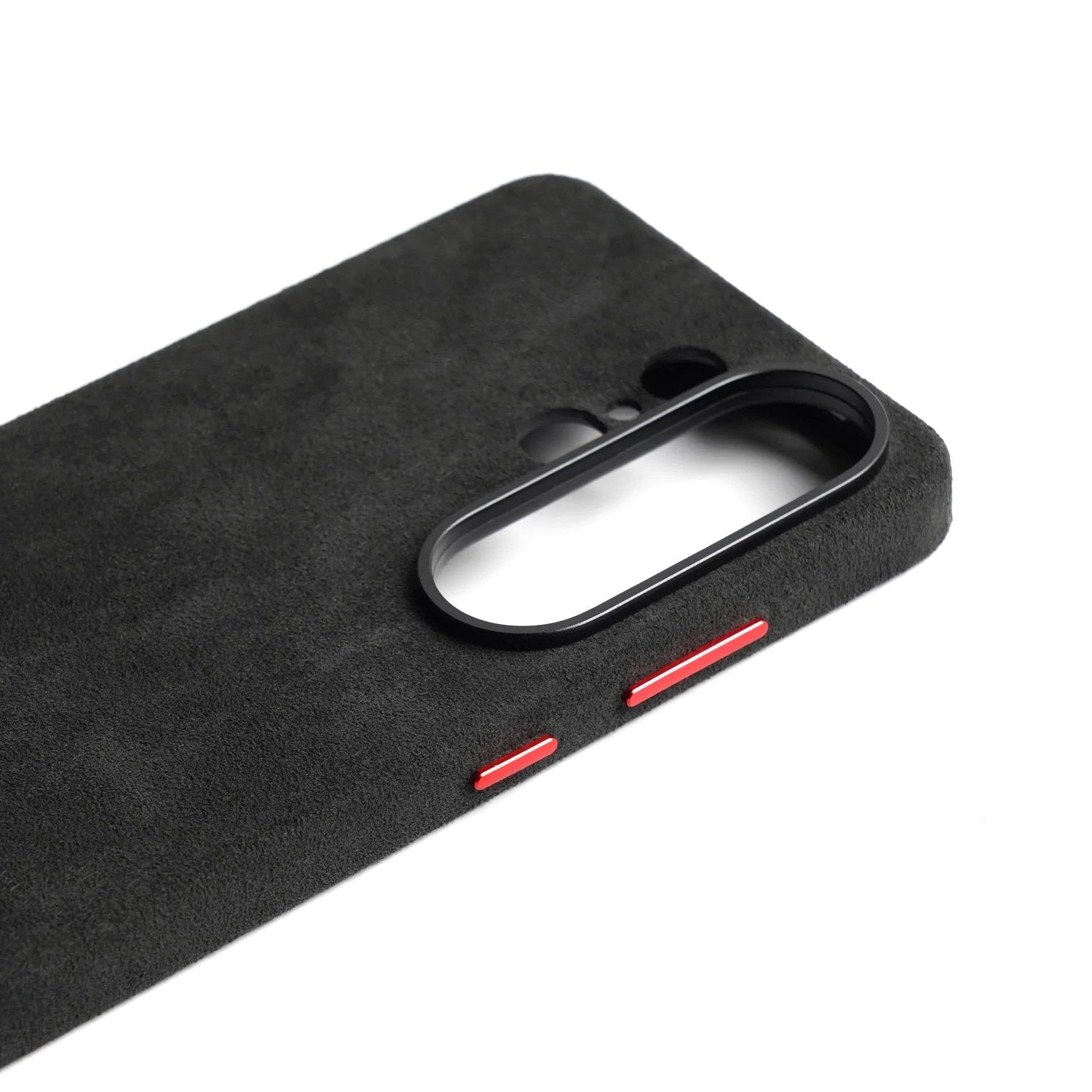 Alcantara Luxe Premium Samsung Galaxy Case Textured Finish black alcantara case close up camera cutout red buttons