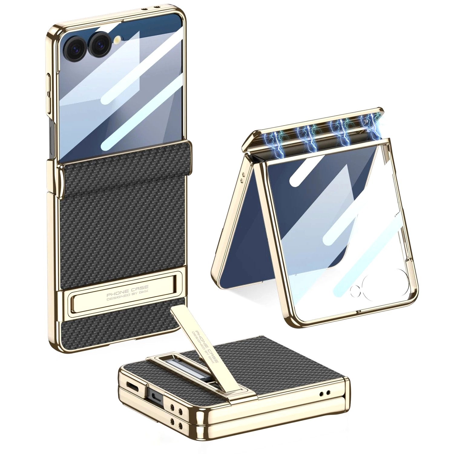 Luxe Shield Slim Hard Samsung Case Kickstand three views foldable phone case carbon fiber texture gold frame kickstand