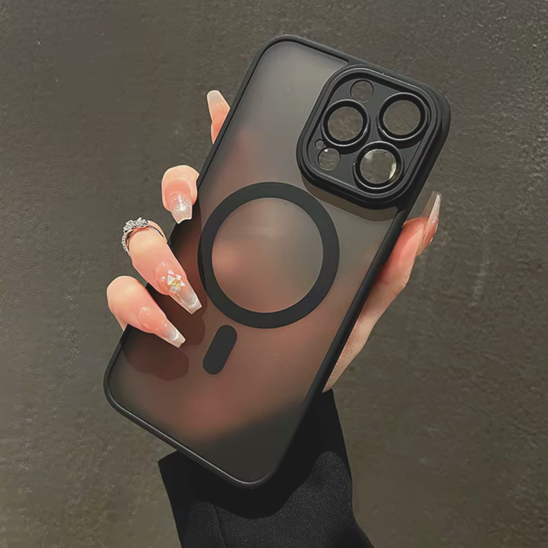 Matte MagSafe iPhone 17 Case with Camera Guard and Wireless Charging held by a hand against a dark background